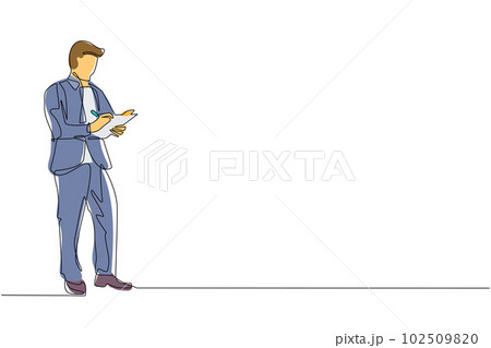 Single one line drawing young male office secretary writing with clipboard. Smart man in elegant wear, assisting in paper work. Business workwear trend. Continuous line draw design vector illustration 102509820