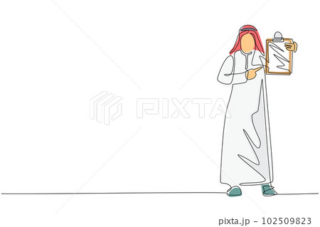 Continuous one line drawing office workers standing with clipboards. Man in formal wear. Young Arabian businessman cartoon character in flat style. Single line draw design vector graphic illustration Continuous one line drawing office workers standing with clipboards. Man in formal wear. Young Arabian businessman cartoon character in flat style. Single line draw design vector graphic illustration 102509823