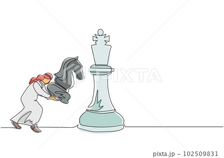 Single one line drawing Arabic businessman holding knight chess piece to beat king chess. Strategic planning, business development strategy, tactic entrepreneurship. Continuous line draw design vector 102509831