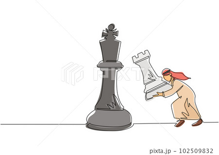 Single continuous line drawing Arab businessman holding rook chess piece to beat king chess. Strategic planning, business development strategy, tactics in entrepreneurship. One line draw design vector 102509832