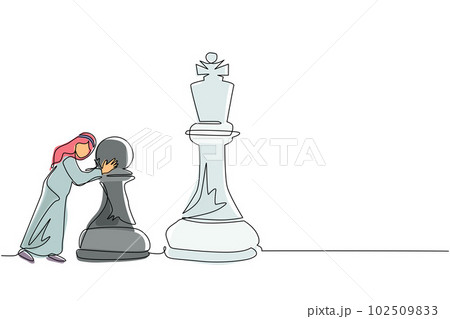 Single one line drawing Arab businessman push huge pawn chess piece. Business strategy and marketing plan. Strategic move in business concept. Continuous line draw design graphic vector illustration 102509833