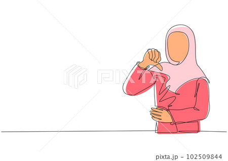 Continuous one line drawing unhappy young Arabian woman showing thumbs down sign gesture. Dislike, disagree, disappointment, disapprove, no deal. Emotion, body language. Single line draw design vector Continuous one line drawing unhappy young Arabian woman showing thumbs down sign gesture. Dislike, disagree, disappointment, disapprove, no deal. Emotion, body language. Single line draw design vector 102509844