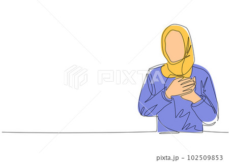 Single continuous line drawing Arabian woman keeping hands on chest. Female suffering from chest pain or heart attack. Health care concept. Emotion, body language. One line draw graphic design vector Single continuous line drawing Arabian woman keeping hands on chest. Female suffering from chest pain or heart attack. Health care concept. Emotion, body language. One line draw graphic design vector 102509853