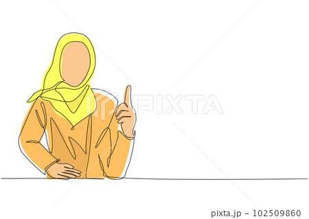 Single continuous line drawing young Arab female pointing up finger while standing and smiling. Happy woman pointing copy space. Emotion and body language concept. One line draw graphic design vector 102509860