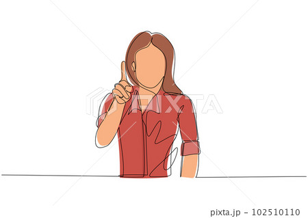 Single continuous line drawing young female pointing up finger while standing and smiling. Cute woman pointing copy space. Emotion and body language concept. One line draw design vector illustration Single continuous line drawing young female pointing up finger while standing and smiling. Cute woman pointing copy space. Emotion and body language concept. One line draw design vector illustration 102510110