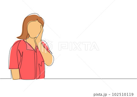 Continuous one line drawing young woman holding hand on cheek with crossed hand. Bored or tired person keeping hand on face. Female suffering from toothache. Single line draw design vector graphic 102510119