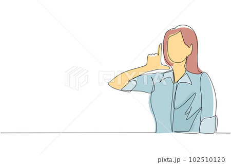 Single one line drawing unhappy woman showing loser sign on forehead with fingers. Stressed trendy person gesturing hand over head. Female making 'L' symbol. Continuous line draw design graphic vector 102510120
