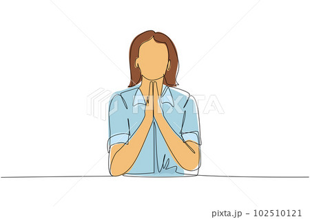 Continuous one line drawing young woman in closed eyes praying hands together. Trendy person holding palms in prayer. Human emotion, body language. Single line draw design vector graphic illustration 102510121