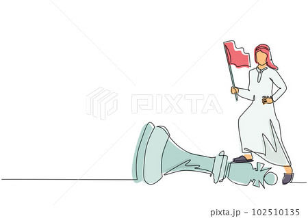 Continuous one line drawing Arabian businessman holding flag, defeat competitors in business as winning chess game. Strategy success using powerful move for advantage. Single line draw design vector 102510135