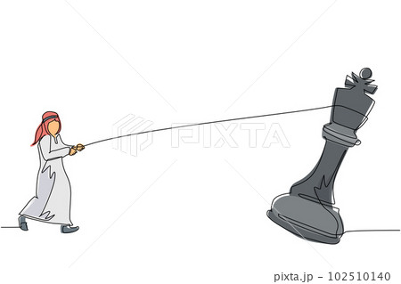 Single continuous line drawing Arab businessman pulling big king chess with rope. Business achievement goal, strategy, competitive, strategic concept. One line draw graphic design vector illustration Single continuous line drawing Arab businessman pulling big king chess with rope. Business achievement goal, strategy, competitive, strategic concept. One line draw graphic design vector illustration 102510140