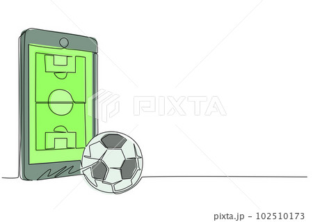 Single continuous line drawing smartphone with app soccer football field and ball. Mobile sport stream championship to play. Online football games. One line draw graphic design vector illustration 102510173