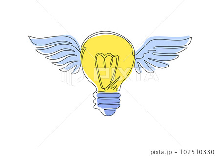 Continuous one line drawing flying bulbs with wings. Flat icon isolated. Imagination, fantasy icon. Knowhow sign. New business idea. Invention logo. Single line draw design vector graphic illustration 102510330