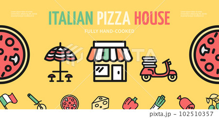 Italian Pizza House Horizontal Traditional Restaurant Placard Poster Banner Card. Vector Italian Pizza House Horizontal Traditional Restaurant Placard Poster Banner Card. Vector 102510357
