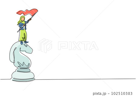 Continuous one line drawing Arabian businesswoman standing on top of big horse knight chess and waving a flag. Business achievement goal, metaphor concept. Single line draw design vector illustration 102510383