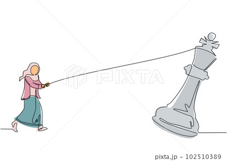 Single one line drawing Arabian businesswoman pulling big king chess with rope. Business achievement goal, strategy, competitive, strategic concept. Continuous line draw design vector illustration 102510389