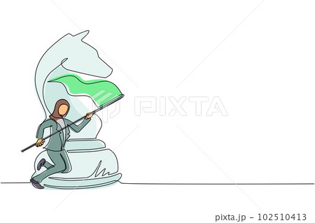 Single one line drawing Arab businesswoman running and holding flag beside big horse knight chess. Business achievement goal, metaphor concept. Continuous line draw design graphic vector illustration 102510413
