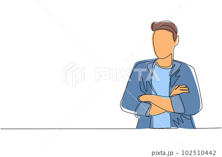 Continuous one line drawing young businessman standing with folded arms. Smiling handsome man in casual clothes with arms crossed standing isolated. Single line draw design vector graphic illustration Continuous one line drawing young businessman standing with folded arms. Smiling handsome man in casual clothes with arms crossed standing isolated. Single line draw design vector graphic illustration 102510442