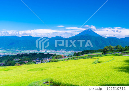 【夏素材】中野の棚田から見る富士山【山梨県】 102510711