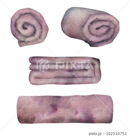 Hand drawn watercolor spa skincare bath towels folded and rolled, purple violet ochre. Isolated object on white background. Design for wall art, wellness resort, print, fabric, cover, card, booklet. Hand drawn watercolor spa skincare bath towels folded and rolled, purple violet ochre. Isolated object on white background. Design for wall art, wellness resort, print, fabric, cover, card, booklet. 102510752