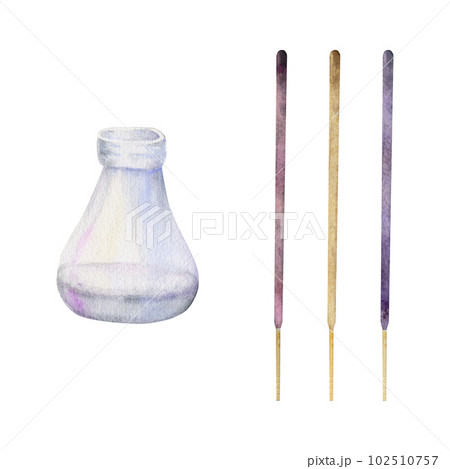Hand drawn watercolor spa aromatherapy glass bottle and diffusor with incense sticks. Isolated object on white background. Design for wall art, wellness resort, print, fabric, cover, card, booklet. Hand drawn watercolor spa aromatherapy glass bottle and diffusor with incense sticks. Isolated object on white background. Design for wall art, wellness resort, print, fabric, cover, card, booklet. 102510757