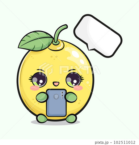 Cute funny lemon fruit with a smartphone in hand. Vector hand drawn cartoon kawaii character illustration icon. Isolated on green background. Lemon character concept 102511012