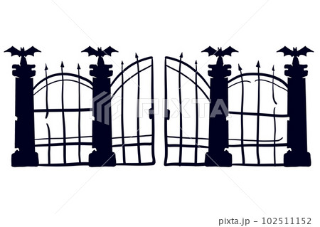 Old fence of cemetery. Halloween decoration. Black silhouette of gloomy wall. Old fence of cemetery. Halloween decoration. Black silhouette of gloomy wall. 102511152