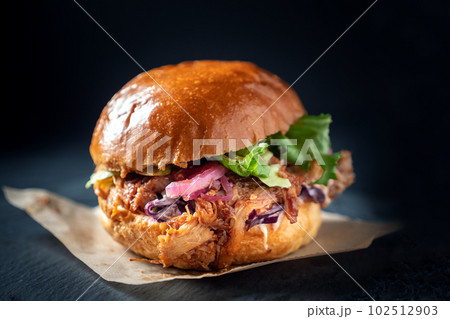 Pulled pork burger on dark background. 102512903
