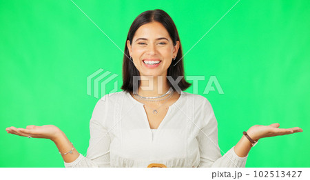 Happy woman, hand and green screen in product placement, decision or choice against studio background. Portrait of female face with smile showing advertisement, marketing or sale on copy space mockup 102513427