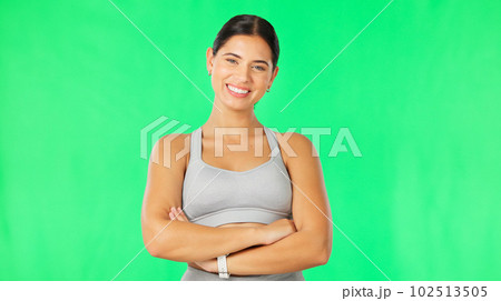 Face, green screen and woman with fitness, arms crossed and training for wellness against a studio background. Portrait, female athlete and happy person with confidence, healthy lifestyle and workout Face, green screen and woman with fitness, arms crossed and training for wellness against a studio background. Portrait, female athlete and happy person with confidence, healthy lifestyle and workout 102513505