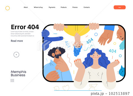 Memphis business illustration. Error 404 -modern flat vector concept illustration of page Error 404 - puzzled people on the tablet screen. Page not found metaphor. Corporate business sales concept 102513897