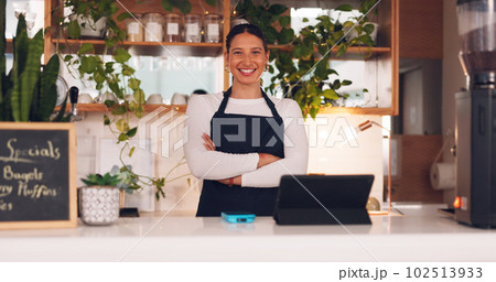 Face, woman and barista with arms crossed, smile and confidence in store, success and waitress in cafe. Portrait, female employee or lady with happiness, entrepreneur or business owner in coffee shop Face, woman and barista with arms crossed, smile and confidence in store, success and waitress in cafe. Portrait, female employee or lady with happiness, entrepreneur or business owner in coffee shop 102513933