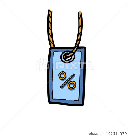 Cardboard label with rope with percentage sign. Empty template for cardboard tag for Sale and retail. Hand-drawn store discount. Cartoon outline illustration 102514370