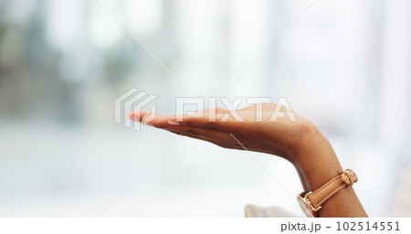 A woman hand open showing mockup space in the room of a modern building. Closeup of a girl stretching out her palm with a taking or holding gesture with copy space for advertising, design or sign. A woman hand open showing mockup space in the room of a modern building. Closeup of a girl stretching out her palm with a taking or holding gesture with copy space for advertising, design or sign. 102514551