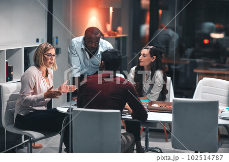 Go the extra mile and get more done. colleagues having a meeting during a late night in a modern office. 102514787