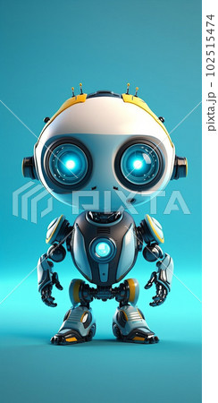 Generative IA illustration of a cute robot standing against blue radial gradient background Generative IA illustration of a cute robot standing against blue radial gradient background 102515474