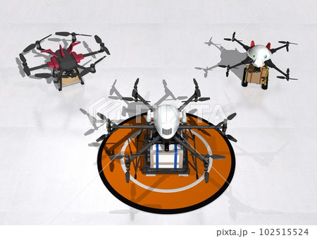 配送用ドローン多数と、ドローン用離着陸ポート(3DCGイメージ) 102515524