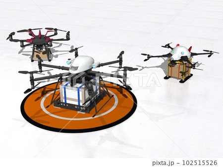 配送用ドローン多数と、ドローン用離着陸ポート(3DCGイメージ) 配送用ドローン多数と、ドローン用離着陸ポート(3DCGイメージ) 102515526