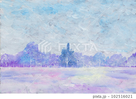 Winter landscape drawing with acrylic on canvas. Winter snow-covered forest  102516021