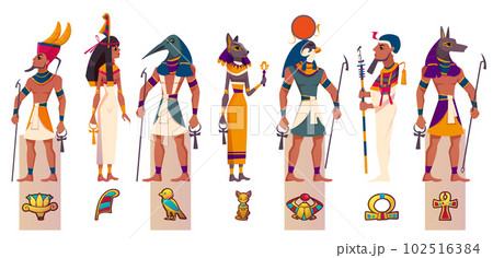 Set of ancient Egyptian gods and goddesses with religious symbols Set of ancient Egyptian gods and goddesses with religious symbols 102516384