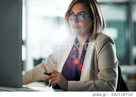 Success requires 100 percent commitment, anything else is irrelevant. a businesswoman sitting at her desk. 102516718