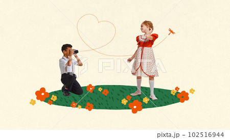 Boy taking photo of beautiful girl on warm summer day outdoors. Children playing together. Contemporary art collage. 102516944