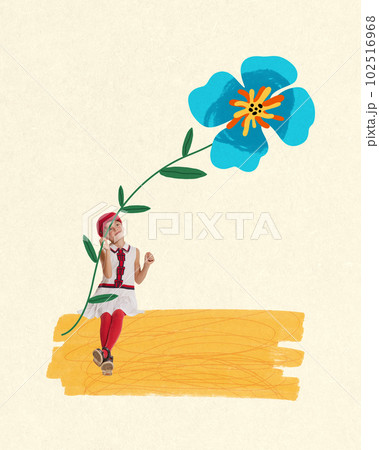 Little beautiful girl in cute dress sitting with drawn flower, dreaming, making fantasy over light background. Contemporary art collage. 102516968