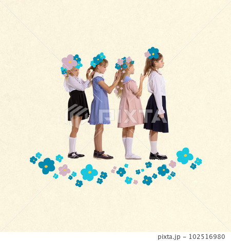 Little beautiful girls, children standing in line and making braids to each other over light background. School pupils. Contemporary art collage. 102516980
