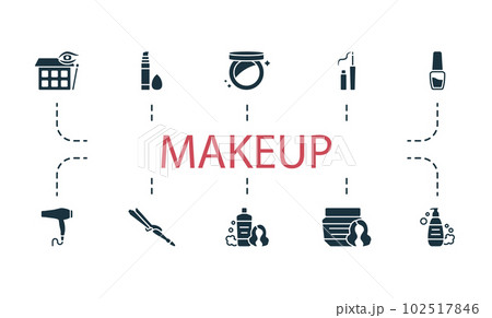 Makeup set. Creative icons: eye shadow, concealer, highlighter, eyeliner, nail polish, hair dryer, curling iron, shampoo, hair mask, body wash. 102517846