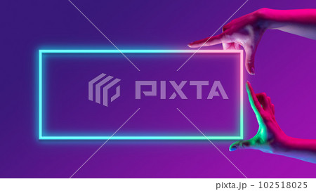 Human hands interacting in motion with geometric glowing figure, rectangle over minimal gradient purple background in neon light 102518025
