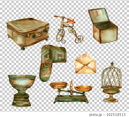 Watercolor illustration of old rusty green elements. An old rusty enamel element. Hand drawn with watercolor on a white background. Perfect for wedding invitation, greetings card, posters, party decor 102518515