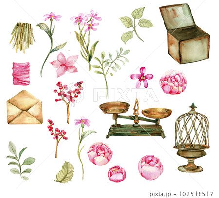 Watercolor illustration of old rusty green elements with pink roses An old rusty enamel element.Hand drawn with watercolor on a white background.Perfect for wedding invitation,greetings card,posters. Watercolor illustration of old rusty green elements with pink roses An old rusty enamel element.Hand drawn with watercolor on a white background.Perfect for wedding invitation,greetings card,posters. 102518517