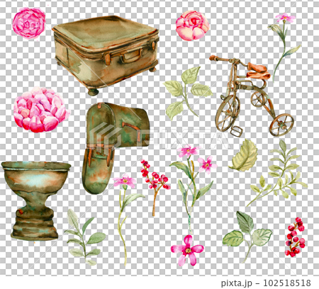 Watercolor illustration of old rusty green elements with pink roses An old rusty enamel element.Hand drawn with watercolor on a white background.Perfect for wedding invitation,greetings card,posters. Watercolor illustration of old rusty green elements with pink roses An old rusty enamel element.Hand drawn with watercolor on a white background.Perfect for wedding invitation,greetings card,posters. 102518518