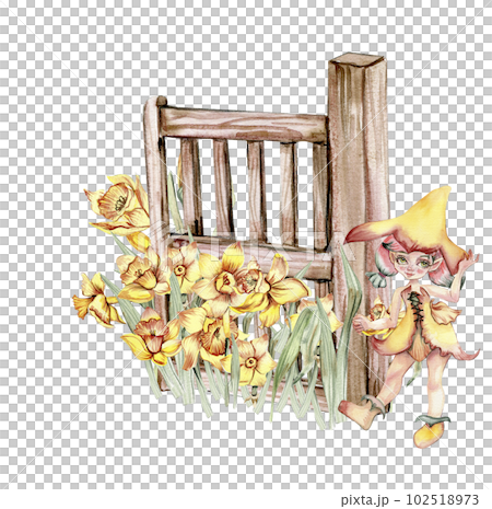 Watercolor farm composition with fence and flowers. Composition in cartoon style. Hand drawn illustration of summer. Perfect for scrapbooking, kids design, wedding invitation,posters, greetings cards. 102518973