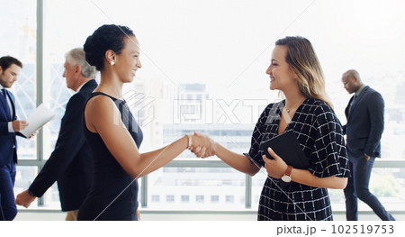 This is the duo that everyone is waiting for. two businesspeople shaking hands while colleagues are blurred in the background. This is the duo that everyone is waiting for. two businesspeople shaking hands while colleagues are blurred in the background. 102519753